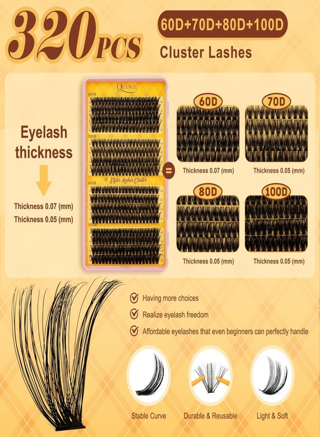 QUEWEL 320PCS Lash Clusters Kit 60D+70D+80D+100D Lashes Clusters Kit 10-18mm Cluster Lashes Individual Eyelash Clusters Reusable for Natural DIY Cluster Eyelash Extensions for Beginners - Image 3
